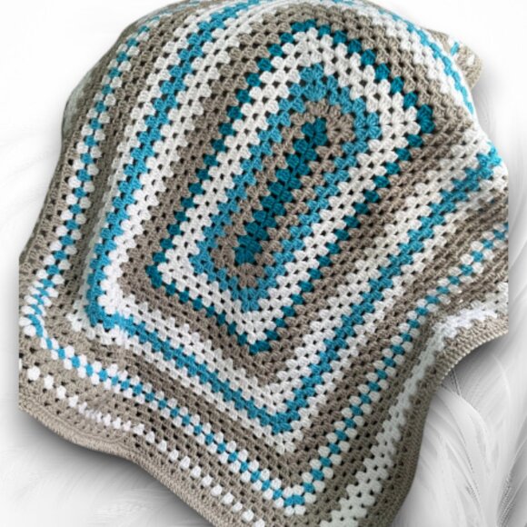 Handmade Crochet Granny Square Blanket 32 x 37 inch Teal Gray White - Picture 1 of 7